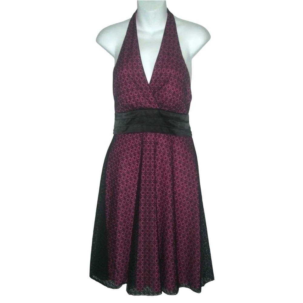 Vintage 90's Teeze Me Dress Hot Pink Black Lace Halter Barbiecore Coquette y2k